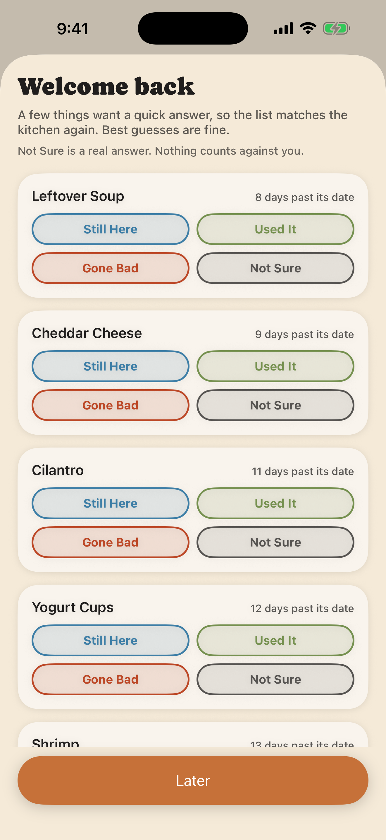 Current Welcome Back check-in with Still Here, Used It, Gone Bad, Not Sure, and Later choices