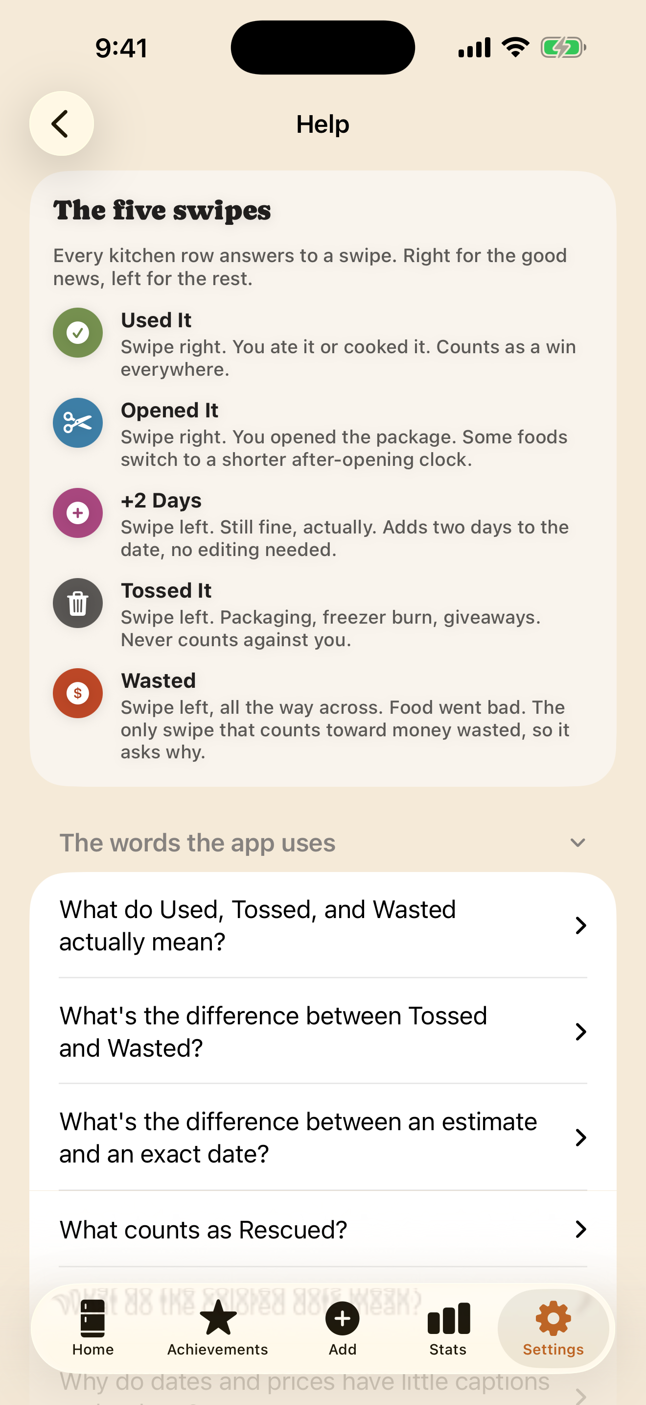 Current Five Swipes guide explaining Used It, Opened It, plus two days, Tossed It, and Wasted