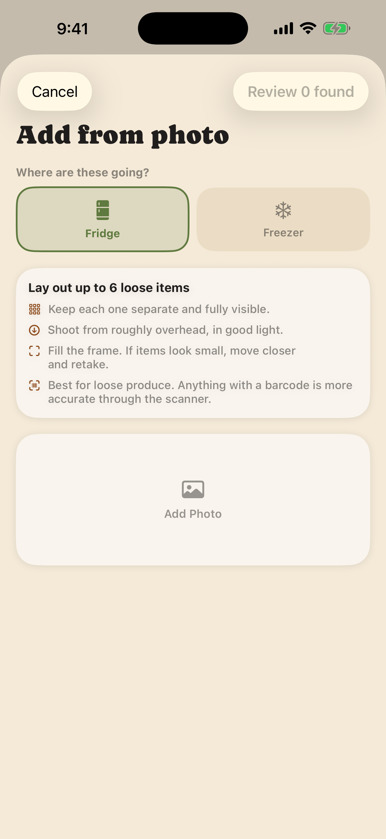 Add from photo screen showing guidance for loose produce