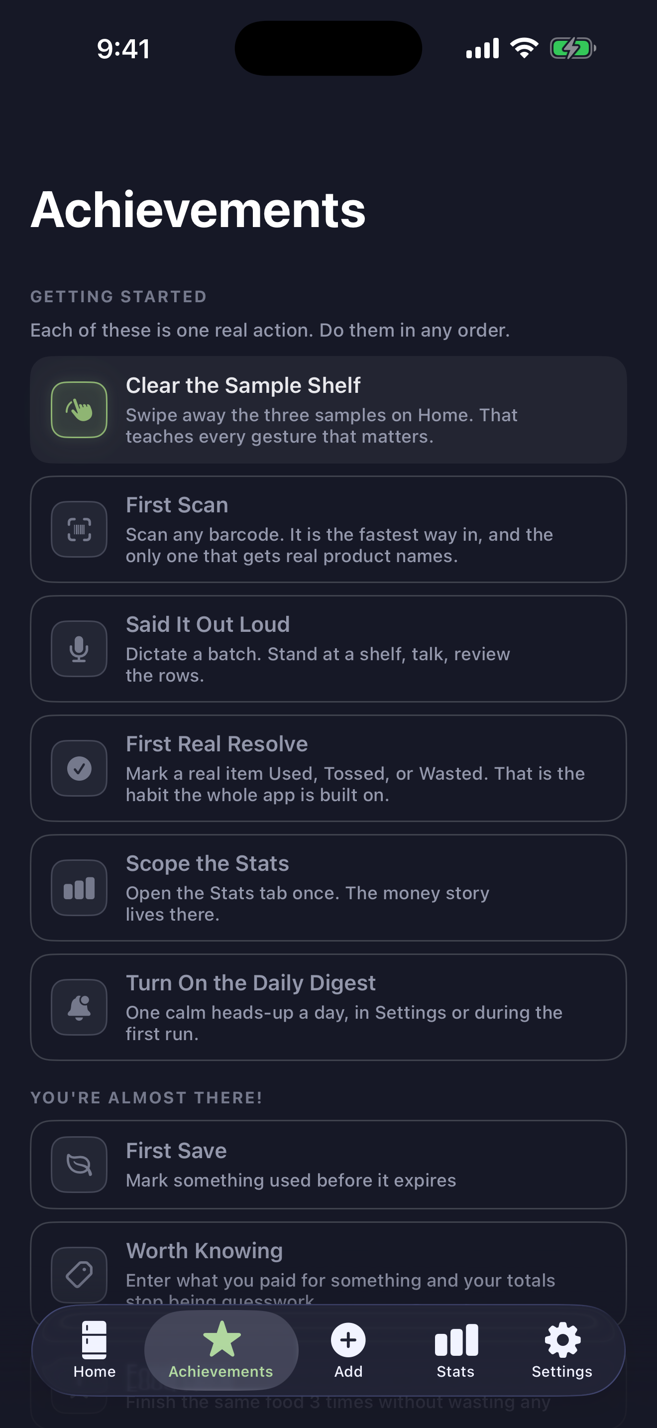Getting Started quest list in Night theme