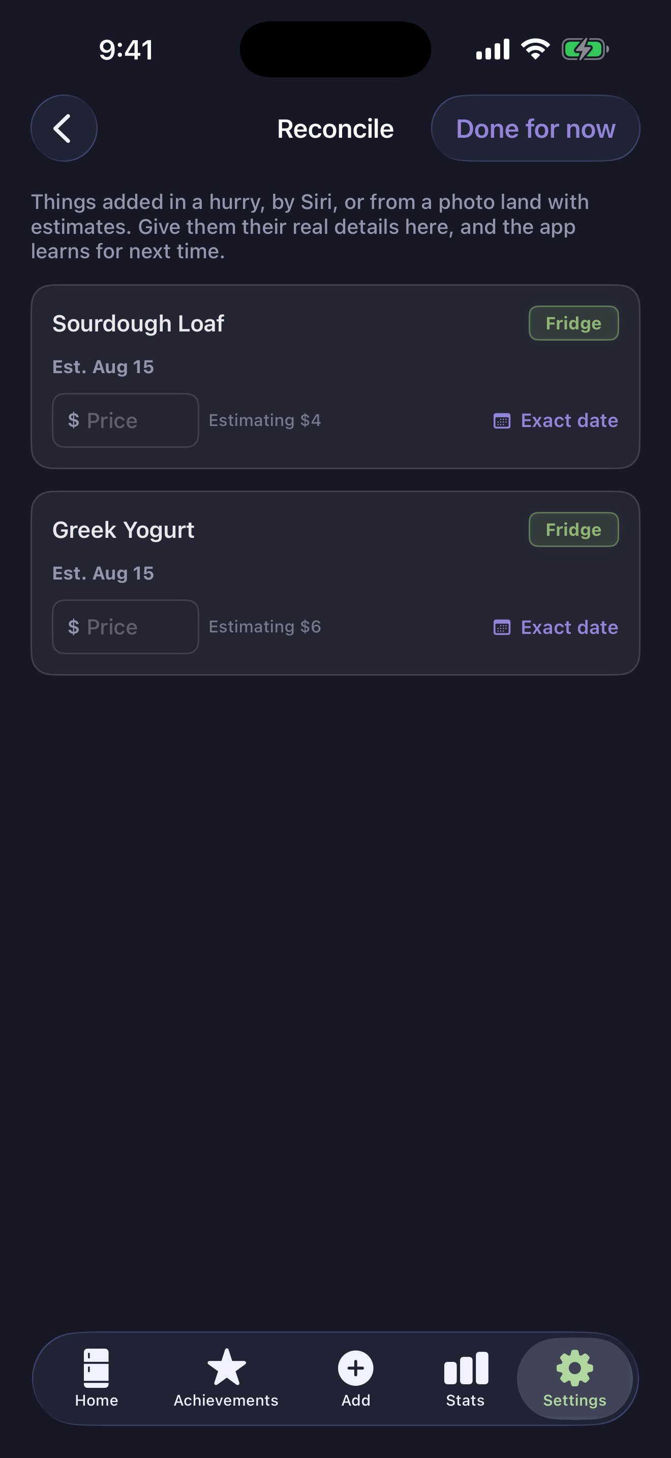 Reconcile screen for replacing estimated prices and dates