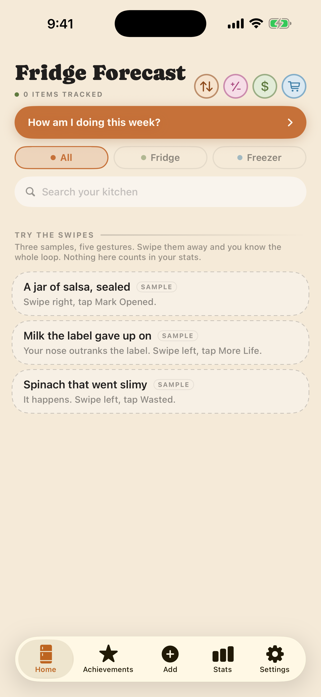 The sample shelf teaching swipe gestures in Day theme